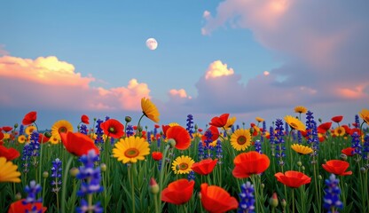 Fototapeta premium Vibrant wildflower meadow under a full moon glowing in an evening sky with colorful clouds