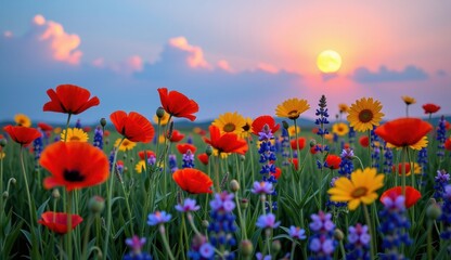 Fototapeta premium Vibrant wildflower meadow under a full moon glowing in an evening sky with colorful clouds