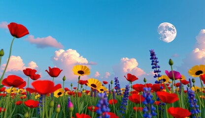 Obraz premium Vibrant wildflower meadow under a full moon glowing in an evening sky with colorful clouds
