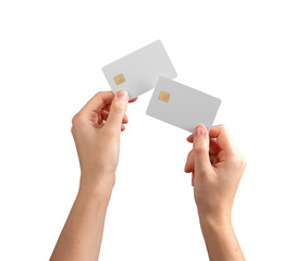 Female hand holding a blank credit card, ideal for showcasing promotional offers, banking services,...