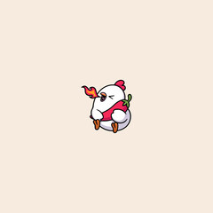 Cute Chicken Eating Spicy Chili icon flat vector design.