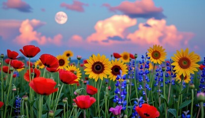 Vibrant wildflower meadow under a full moon glowing in an evening sky with colorful clouds