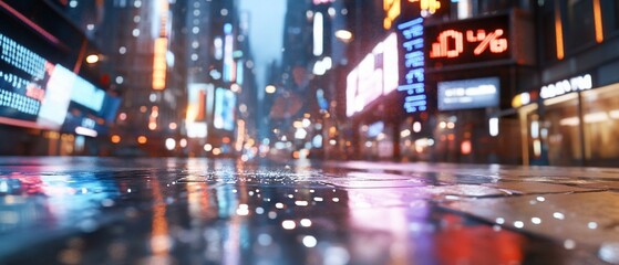 Fototapeta premium Rainy night city street, reflections, blurred lights, urban background, website banner