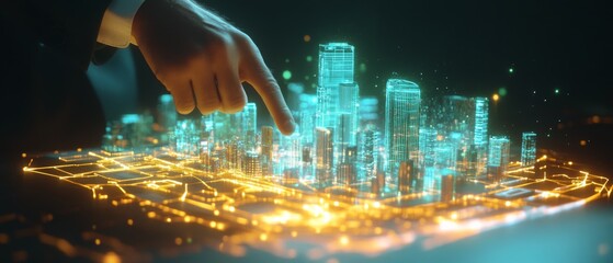 A hand interacts with a futuristic city hologram, envisioning innovative urban planning and technological advancements.