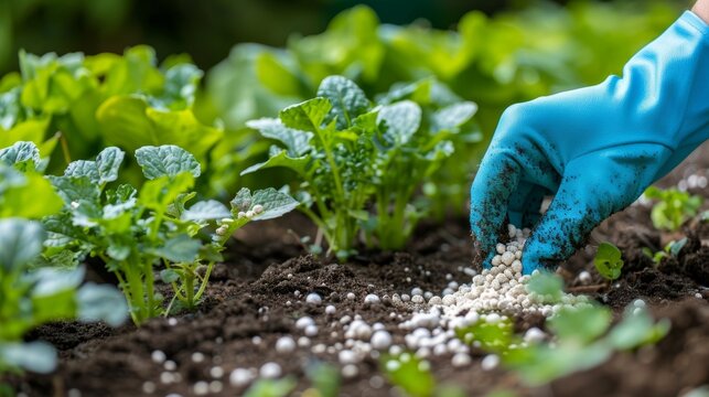 Gardener in blue gloves carefully applies granular fertilizer to young green vegetable seedlings