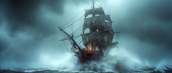 A fishing schooner in a storm the sails are tense _001