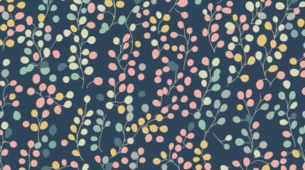 seamless floral pattern with colorful leaves in pastel shades of pink, yellow, green, and blue on dark navy background, creating soft and elegant design