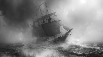 A fishing schooner in a storm the sails are tense _009