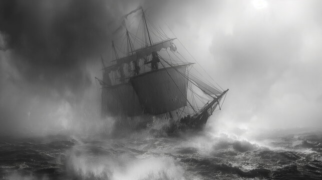 A fishing schooner in a storm the sails are tense _009