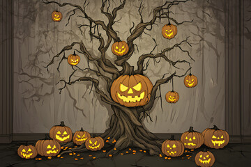 Dark and eerie Halloween scene featuring a twisted, scary tree with glowing jack-o'-lanterns, creating a spooky and mysterious atmosphere
