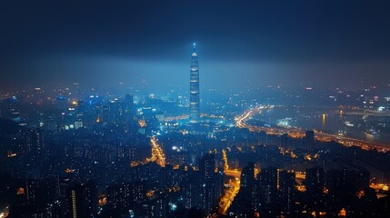 Fototapeta premium Night Cityscape with Towering Skyscraper and Glowing Lights in Shenzhen