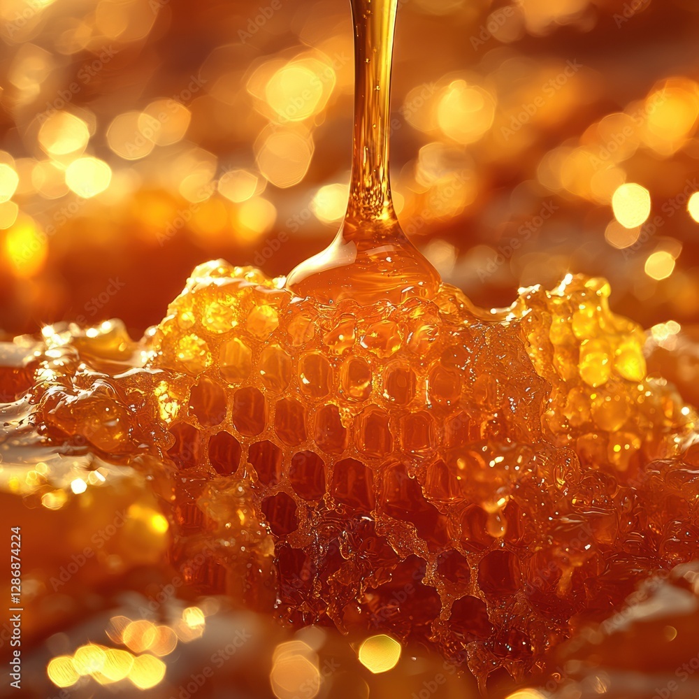 Poster pouring honey on honeycomb with golden bokeh background macro close-up