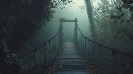 Fototapeta premium A misty bridge invites exploration in a foggy forest. The air is thick with mystery and tranquility. Nature unfolds secrets in this serene setting. Generative AI