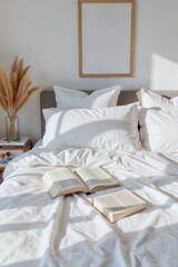 Cozy bedroom with open books and soft sunlight, morning relaxation