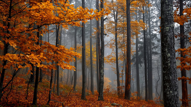 Serene autumn forest enveloped in mist and vibrant foliage