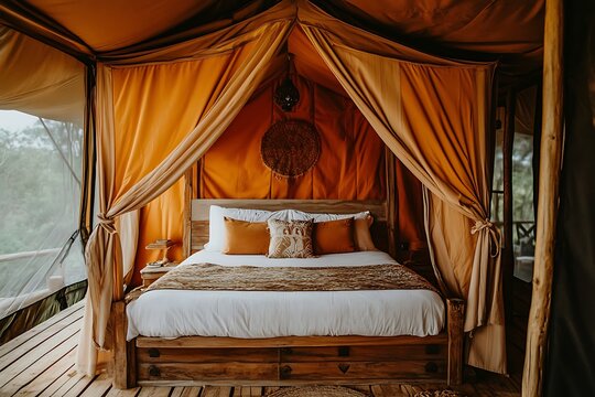 Luxurious Glamping Tent Bedroom with Wooden Bed and Orange Curtains
