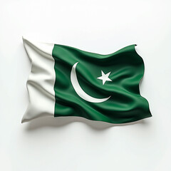 The Pakistani flag gracefully waves, a symbol of national pride and unity, rendered with smooth, flowing fabric and a clean white background.