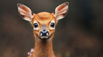 Fototapeta premium Close-up of a baby deer, looking directly at camera, in a forest setting. Possible use Nature, wildlife