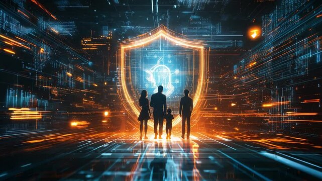A family stands together, silhouetted against a vibrant digital shield amidst a network of glowing data streams in a futuristic setting
