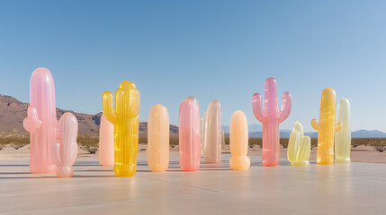 Whimsical desert landscape with inflatable cactus. A playful blend of nature and surreal art. Perfect for summer and outdoor fun, or a novelty pool party.