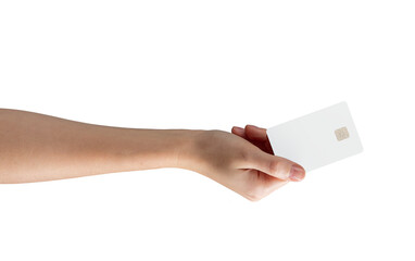 Female hand holding a blank credit card, showcasing it as a symbol of cashless payment, promotion,...
