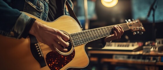 Obraz premium An acoustic guitarist strums passionately, immersed in the rich, warm tones of their music, capturing the essence of creativity and expression.