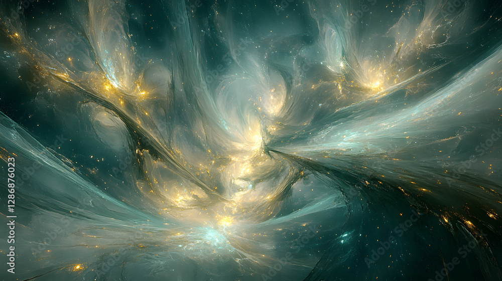 Poster abstract cosmic pattern featuring a swirling blue and yellow design on a computer screen