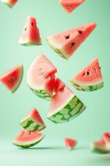 Floating watermelon slices against a mint background.