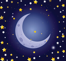 Dark blue night sky background with half moon and star design - obrazy, fototapety, plakaty