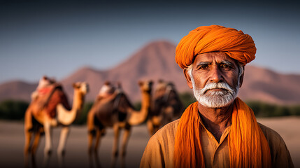 Portrait of a distinguished desert dweller with his camels, set against a backdrop of expansive desert and distant mountains.