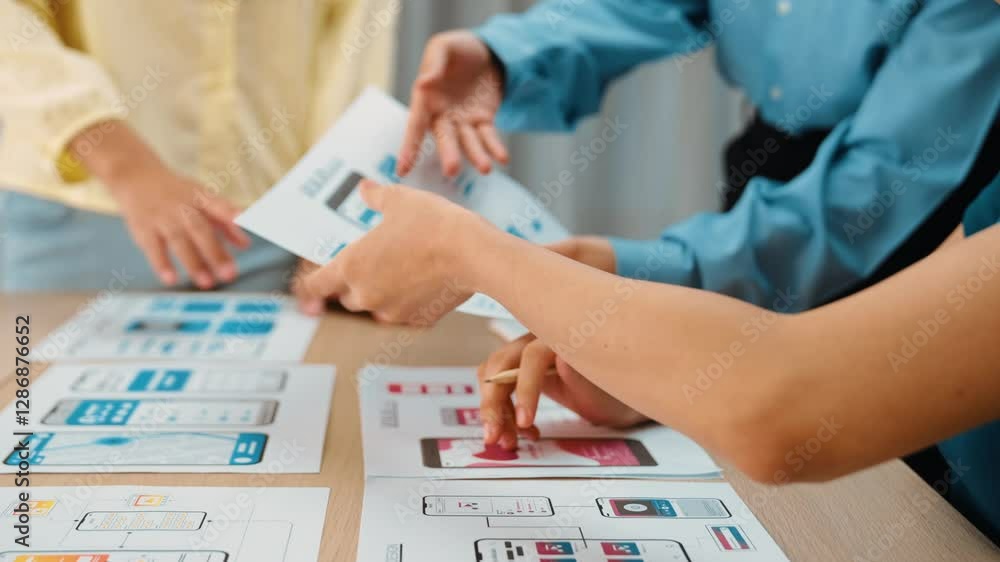 Poster panorama video of startup ux developer or company employee design user interface or ui prototype for