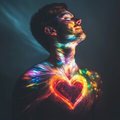 Young Man with Dynamic Rainbow Light Heart Illustration
