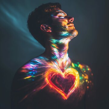 Young Man with Dynamic Rainbow Light Heart Illustration