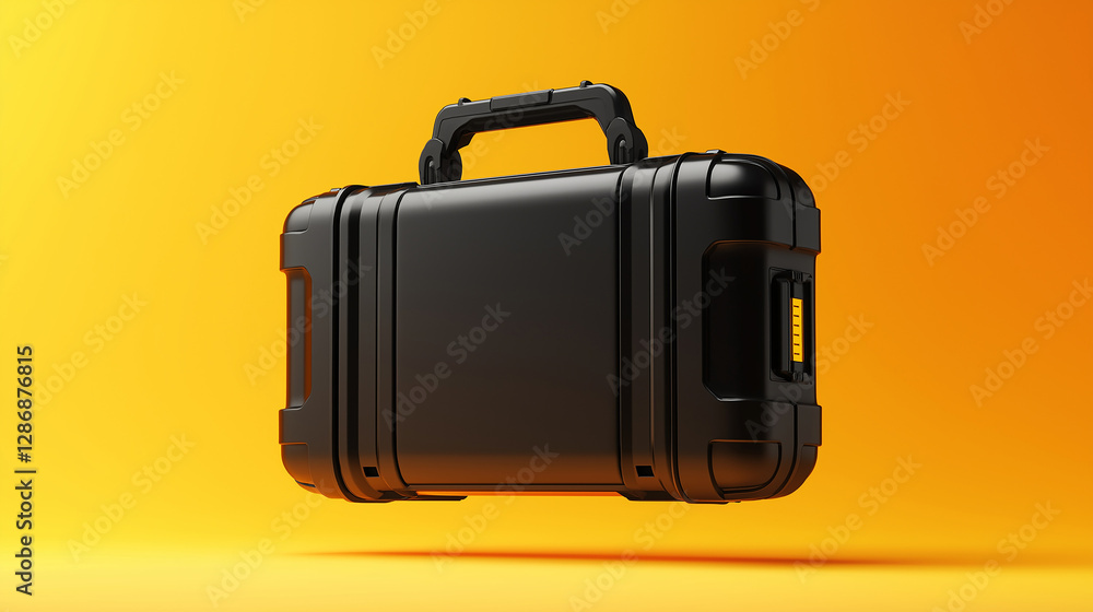 Poster Black suitcase floating on orange background representing secure data transfer