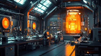 Futuristic Research Lab Interior with Scientists and Glowing Technology