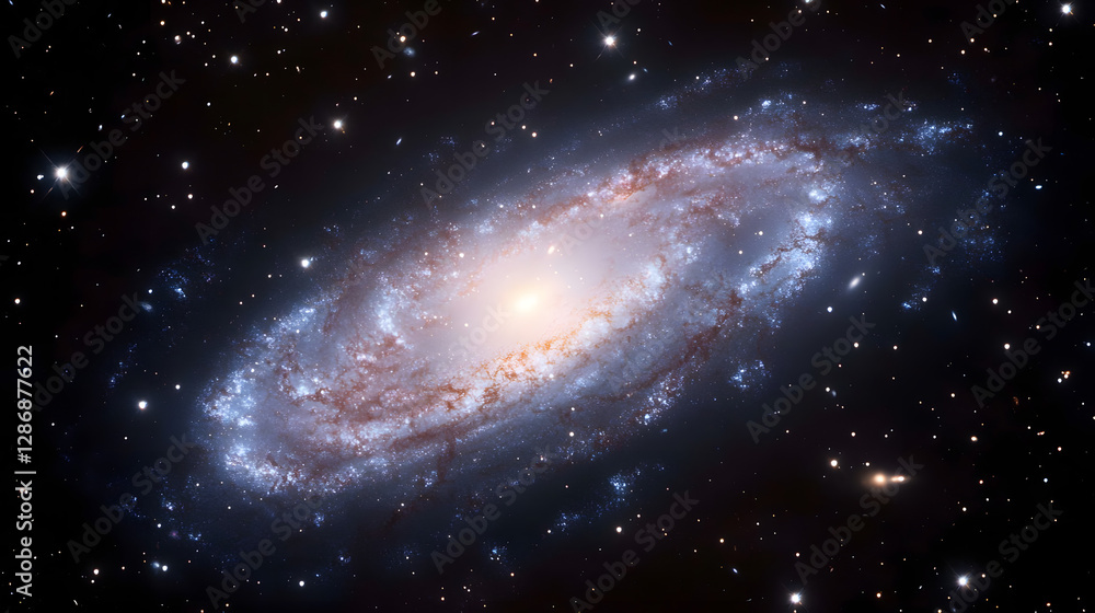 Poster barred spiral galaxy visualization with cosmic elements and abstract patterns in space