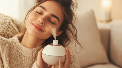 "A woman enjoying a scented home diffuser."