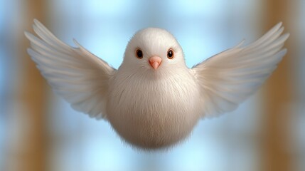 Fototapeta premium Fluffy white bird in flight, soft background, peaceful scene, ideal for children's book