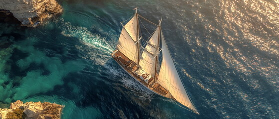 A luxurious yacht with snow-white sails sails alon_010