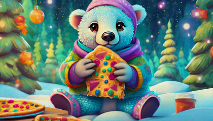 Fototapeta premium oil painting style cartoon character illustration polar bear in the snow eat pizza