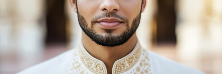 Close up of individual with well groomed beard and decorative clothing formal ceremonial attire