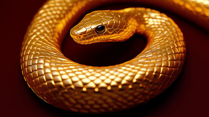 Golden snake coiled on dark red background symbolizing wealth and luxury