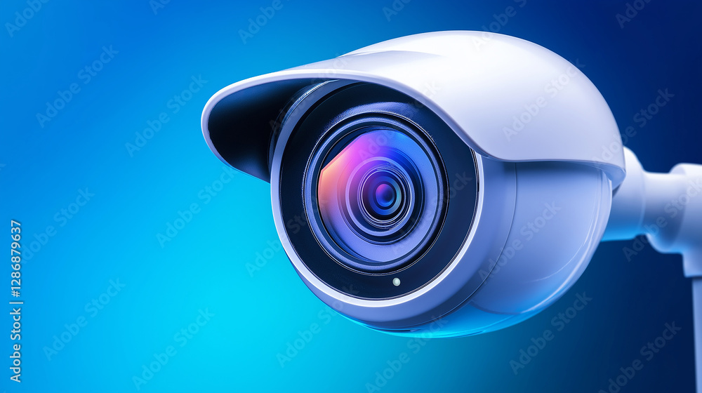 Poster modern security camera observing on blue background