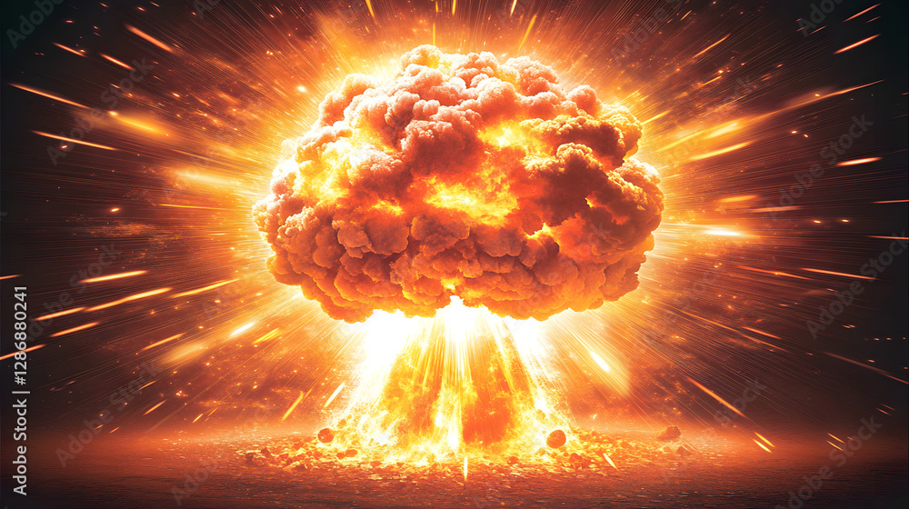 Poster abstract representation of a nuclear explosion with vibrant colors and dynamic shapes in the backgro