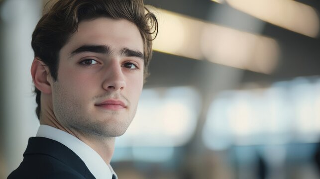 Young businessman exudes confidence in formal attire, embodying professionalism and ambition.
