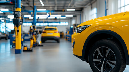 Car service garage with lifts and a yellow vehicle. Professional auto maintenance and repair facility. Automotive industry, vehicle checkup.