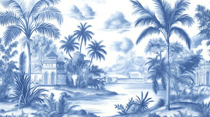 Tropical landscape painting showing buildings, palm trees and lake in monochromatic blue