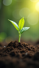 Fototapeta premium Young Sprout Emerging from Soil Sunlight Growth New Life Spring Nature Plant Seedling