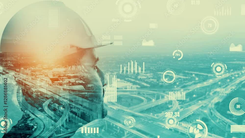 Poster future building construction and inventive engineering project concept with hud hologram graphic des