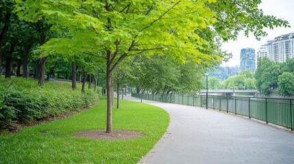 City park path by river, green trees, urban background, relaxing walk